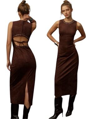 The Wolf Gang Mecca Stud Midi Dress Chocolate Brown Sz XL Preppy Chic